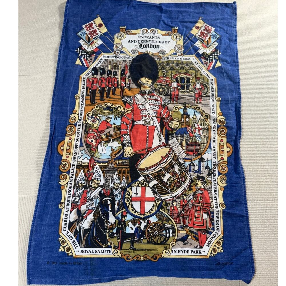 Vintage Pageants & Ceremonies of London Blue Cotton Tea Towel 29 x 18 Souvenir